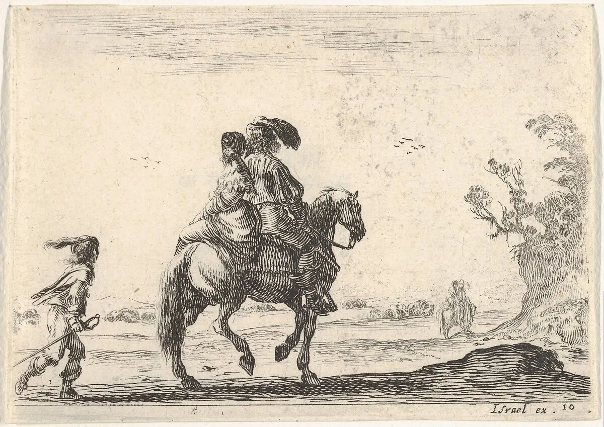 Plate 10: a horseman and a woman, seen from behind, riding towards the right with a young man following them to left, another horseman and woman to right in the background, from 'Various Figures' (Agréable diversité de figures) — Stefano della Bella|Israël Henriet