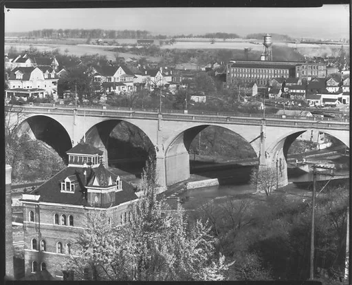 [Bridge, Houses, and Pennsylvania Silk Company Mill, From Elevated Position, Bethlehem, Pennsylvania]