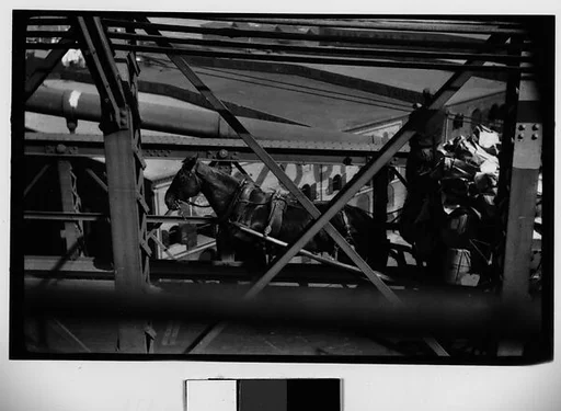 [Horse-Drawn Cart Through Trussing on Brooklyn Bridge, New York City]