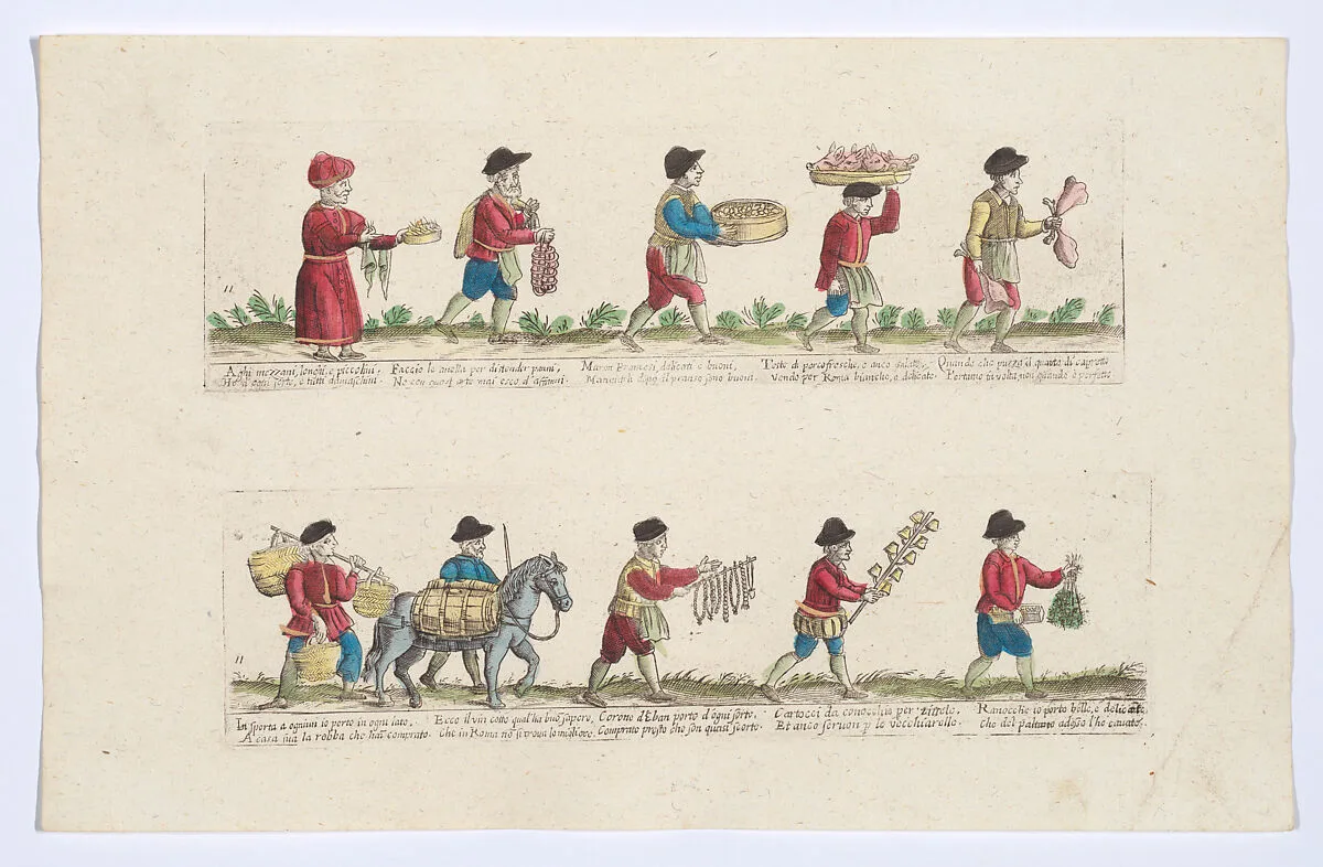 Plate 11 depicting the trades of Rome, here including vendors of pigs heads, milk, wine etc, from the 'Descrición de las artes que se llaman para los calles de la ciudad de Roma' — Remondini|Giovanni Ambrogio Brambilla