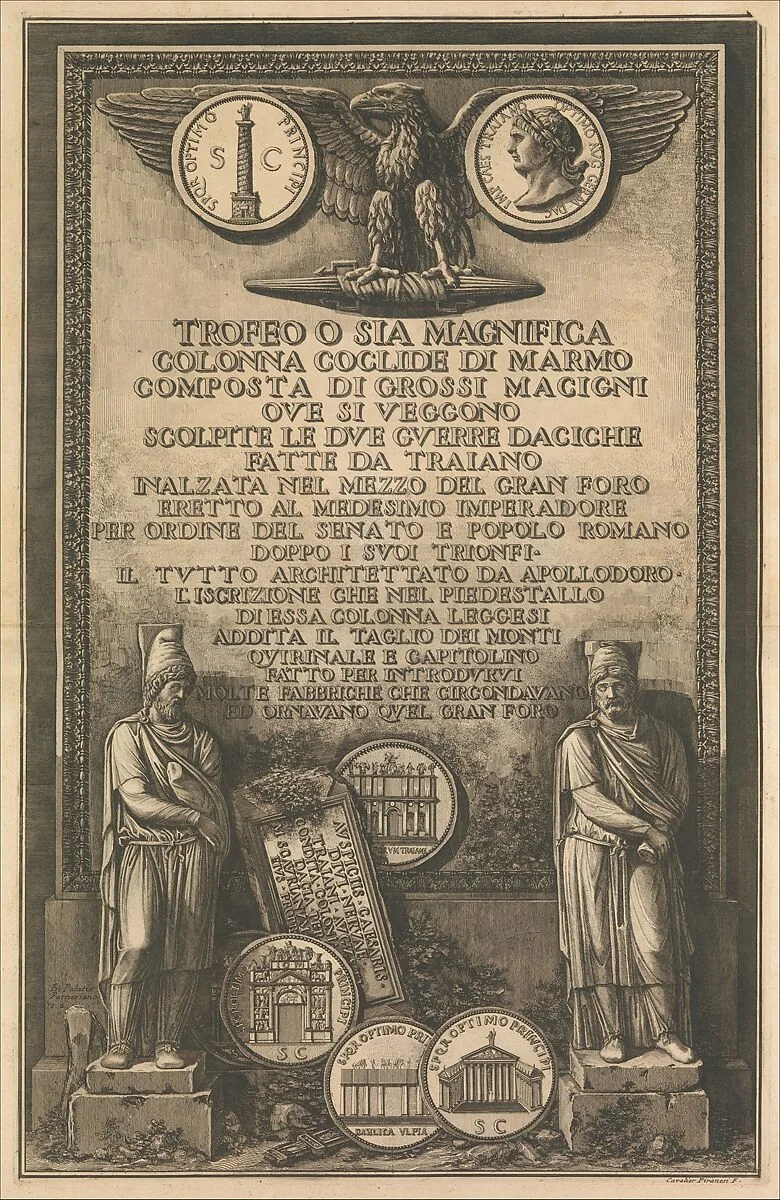Title page, from "Trofeo o sia Magnifica Colonna Coclide..." (The Trophy or Magnificent Spiral Column) — Giovanni Battista Piranesi