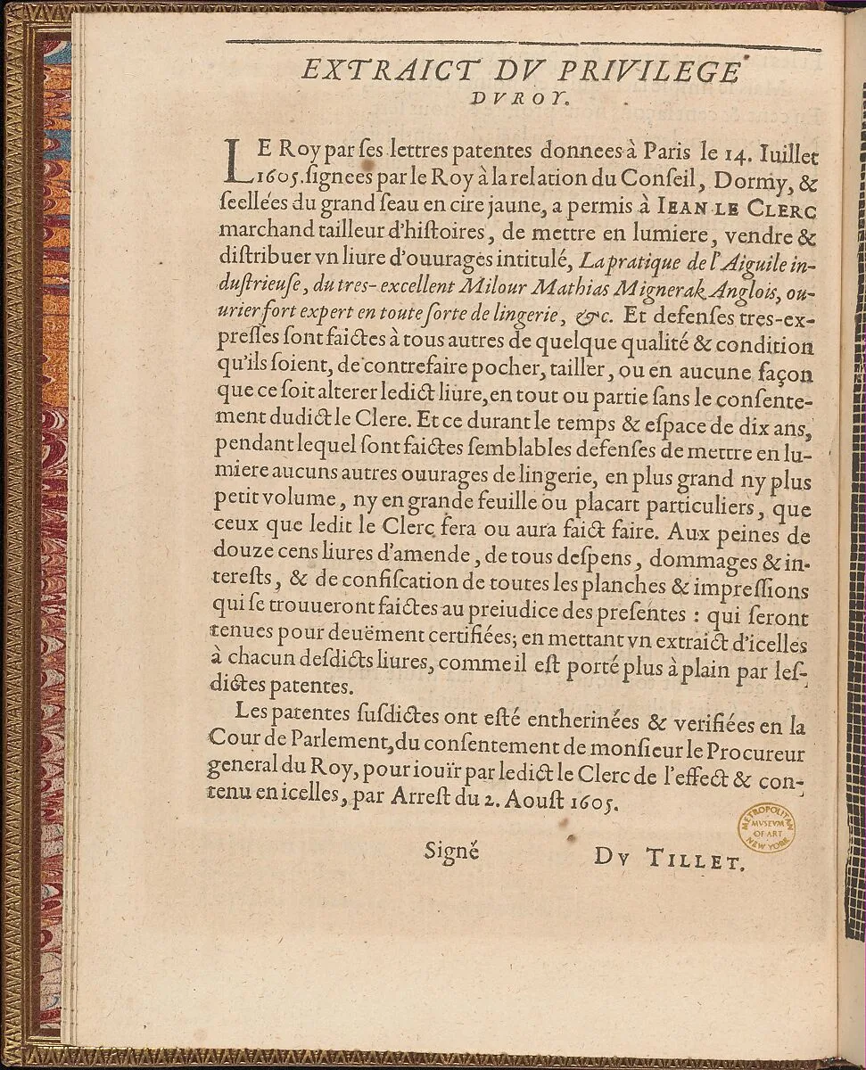 La Pratique de l'Aiguille, page 4 (verso) — Matthias Mignerak|Pierre Firens|Marie de Medici|Jean Le Clerc