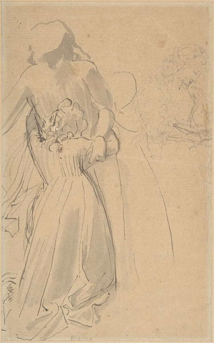 Sheet of Studies with Female Figure Kneeling and Embracing Standing Figure — John Flaxman