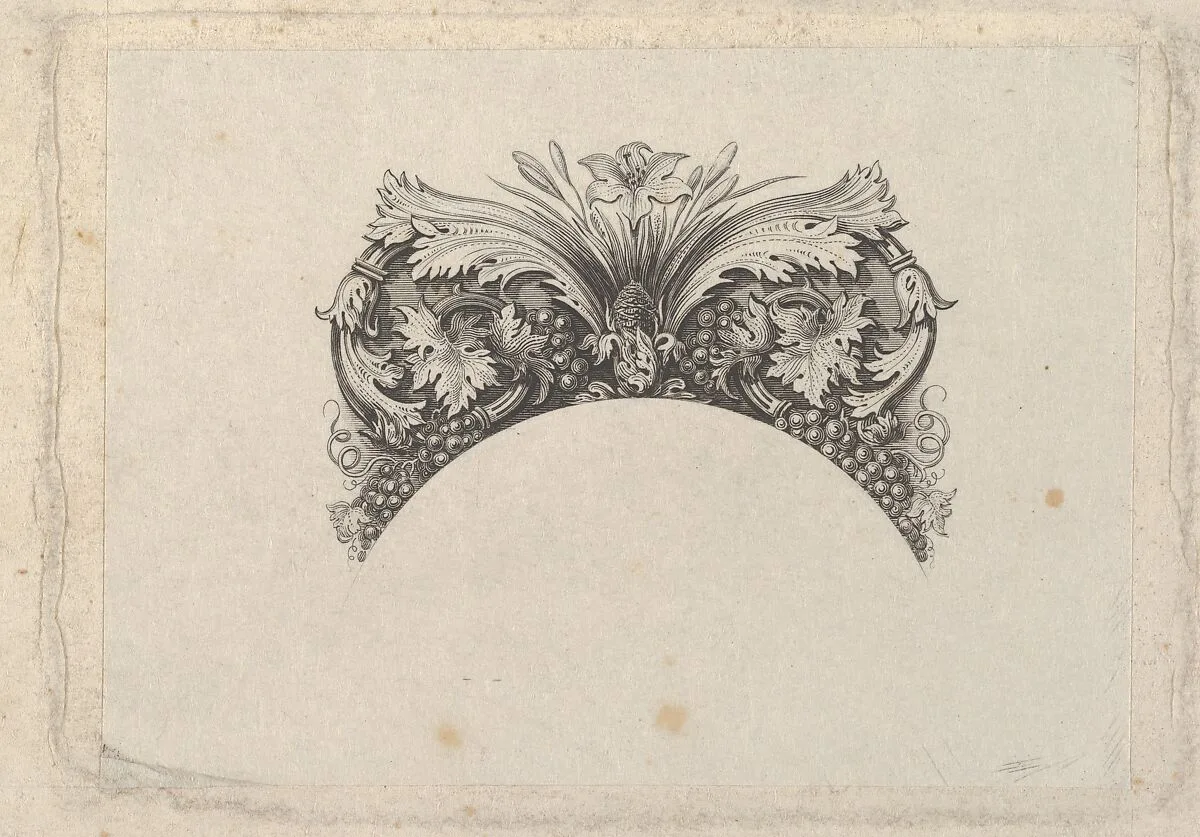 Arched framing element for banknote, with acanthus and vine leaves, lily and grapes — Asher Brown Durand|A. B. & C. Durand & Company|Durand, Perkins, and Company
