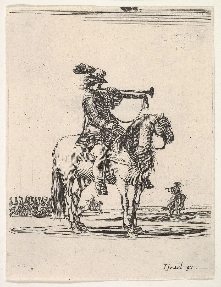 Trumpeter on horseback facing right, a group of horsemen in the background, from 'Various cavalry exercises' (Diverses exercices de cavalerie) — Stefano della Bella|Israël Henriet