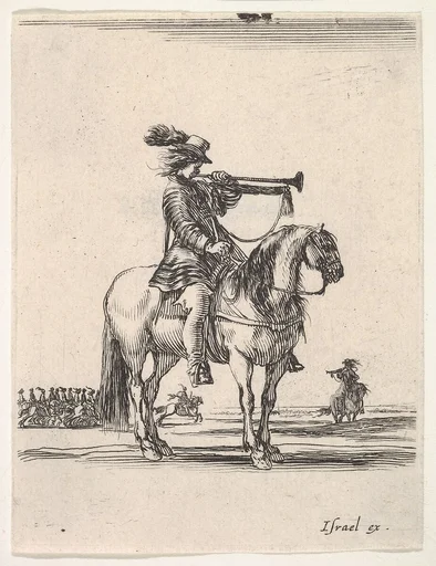 Trumpeter on horseback facing right, a group of horsemen in the background, from 'Various cavalry exercises' (Diverses exercices de cavalerie)