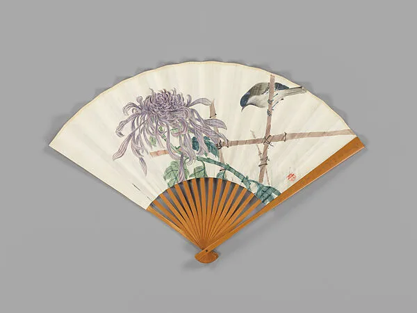 現代 金西厓 菊雀圖並刻扇骨 成扇|Carved fan, chrysanthemum and bird — Jin Xiya