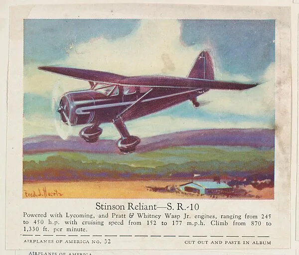 Stinson Reliant—S. R.-10, collector card from the Airplanes of America series (D2), issued by the Kelley Baking Company to promote Kelley's Bread — Kelley Baking Company