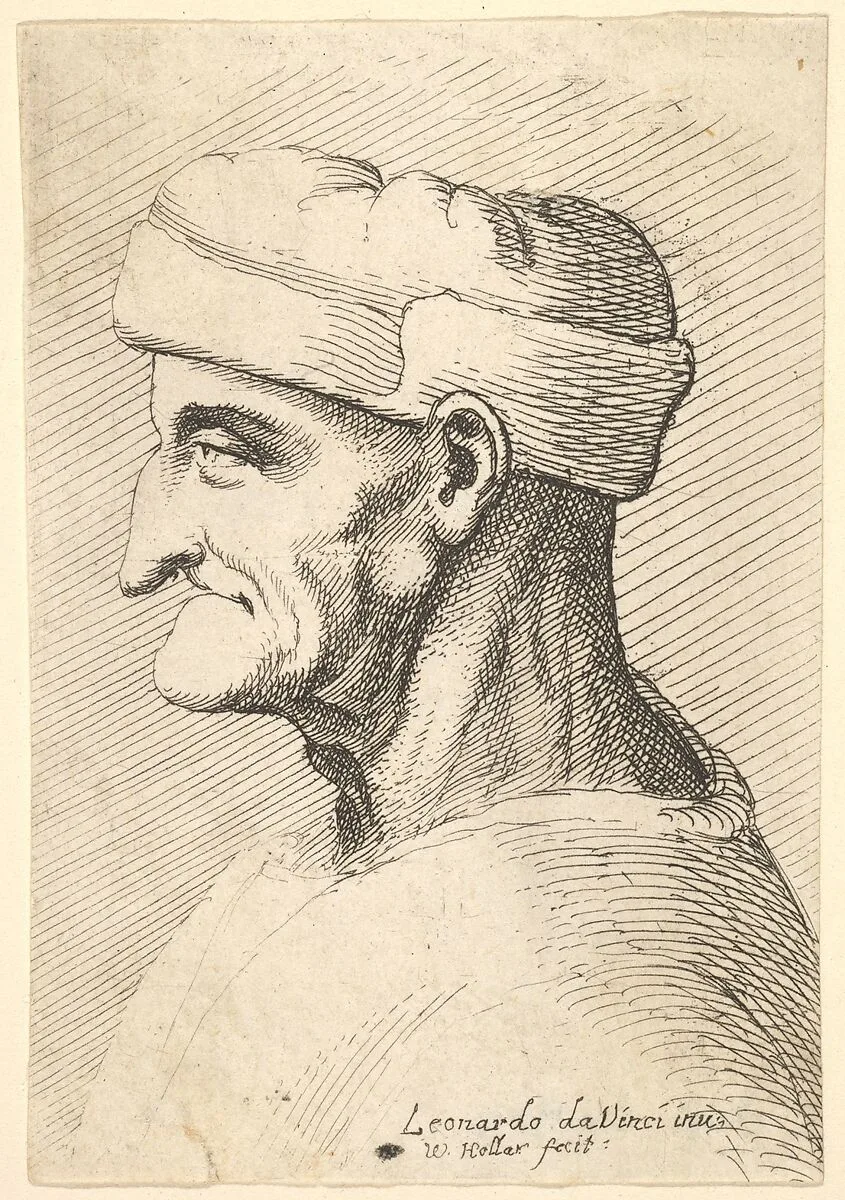Head of an old man wearing cap in profile to left — Leonardo da Vinci|Wenceslaus Hollar