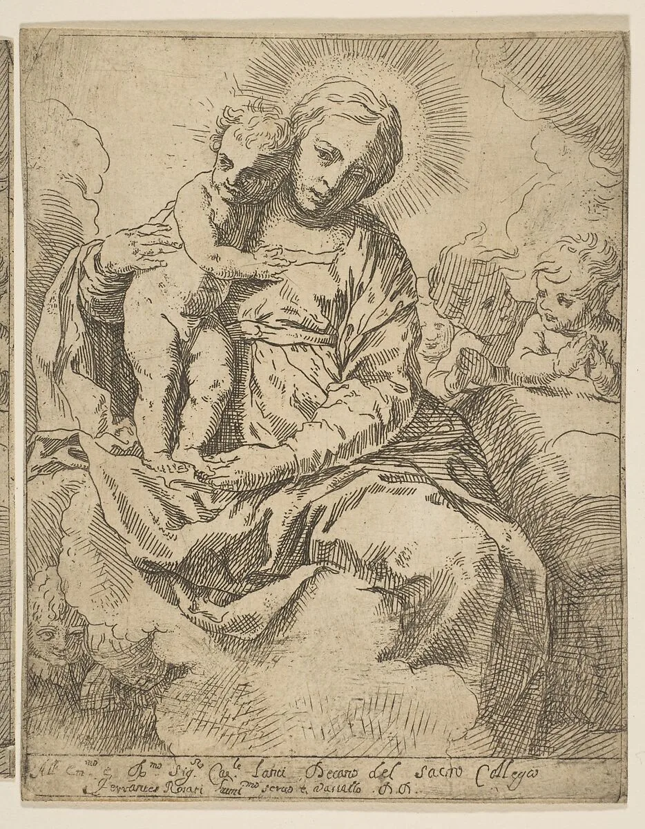 Madonna and Child seated on clouds and surrounded by angels, copy in reverse after Cantarini — Simone Cantarini