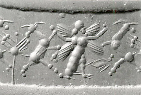 Cylinder seal with three-figure contest scene — Unknown