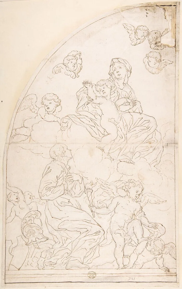 Saint Adoring the Madonna and Child — Anonymous, Italian, Roman-Bolognese, 17th century