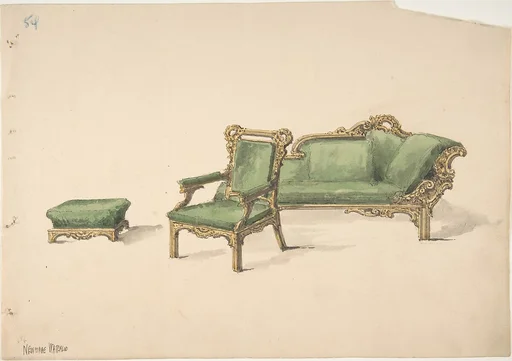 Design for a Gilded Settee, Arm Chair and Footstool with Green Upholstery