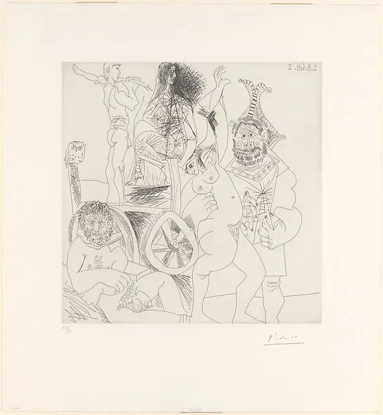 Itinerant Players with Owl and Jester Embracing a Woman, from 347 Suite — Pablo Picasso|Aldo and Piero Crommelynck|Galerie Louise Leiris