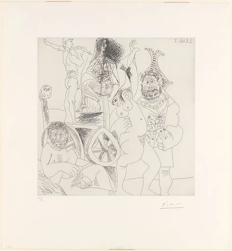 Itinerant Players with Owl and Jester Embracing a Woman, from 347 Suite