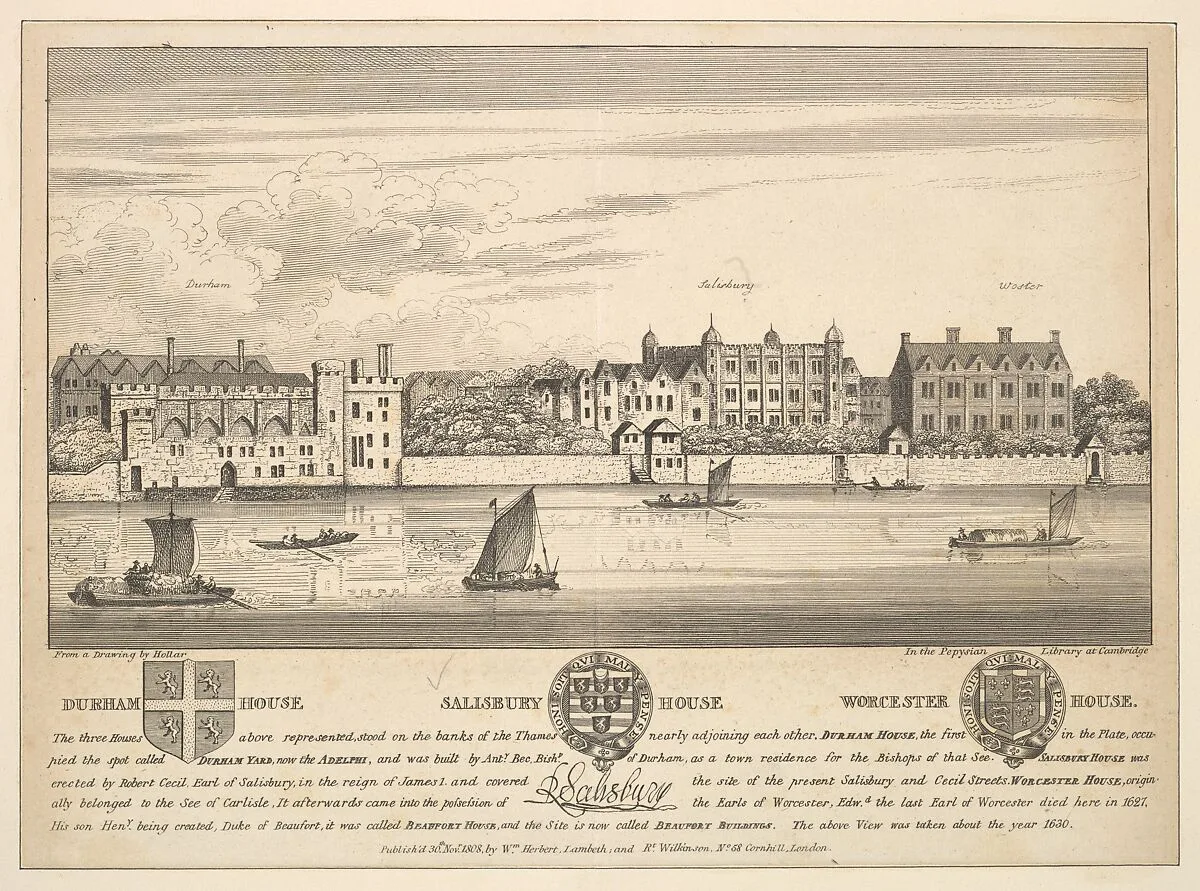 Durham House, Salisbury House and Worcester House on the Thames — William Herbert|Robert Wilkinson|Wenceslaus Hollar