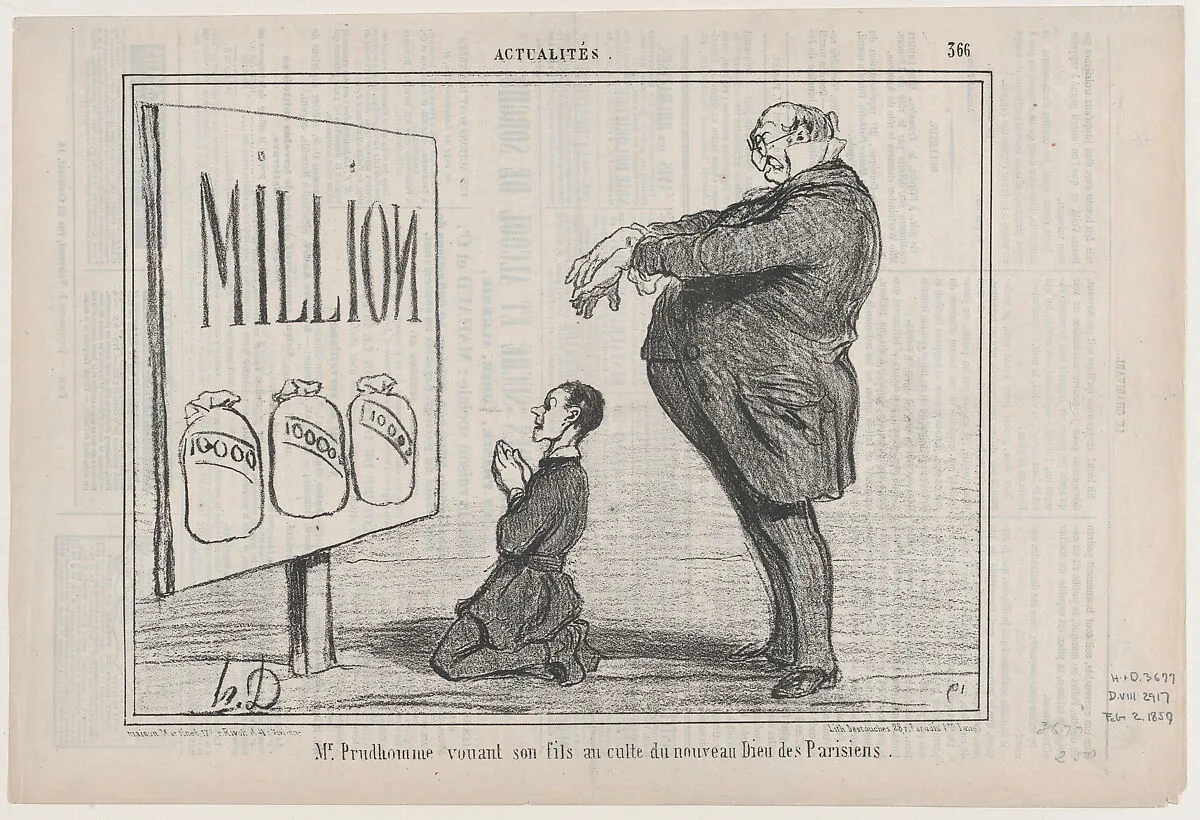 Mr. Prudhomme vouant son fils au...nouveau dieu..., from Actualitès, published in Le Charivari, February 2, 1857 — Aaron Martinet|Honoré Daumier|Destouches