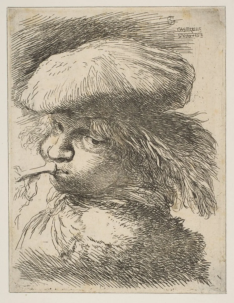 Young man with a trumpet facing left, from "Small Heads in Oriental Headdress" — Giovanni Benedetto Castiglione (Il Grechetto)