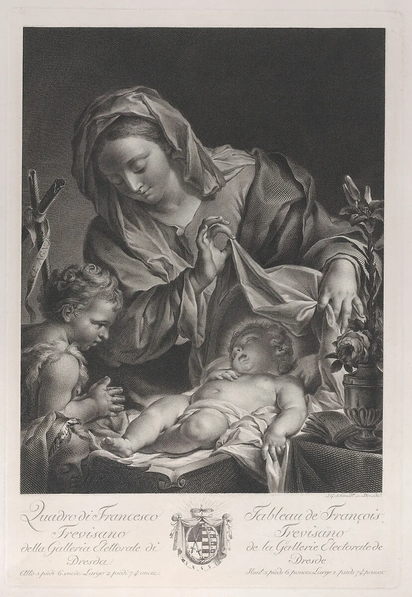 The Virgin and child with the infant Saint John the Baptist, with the Christ child lying on her lap and turning to kiss the Baptist — Francesco Trevisani|Johann Gottlieb Schmidt