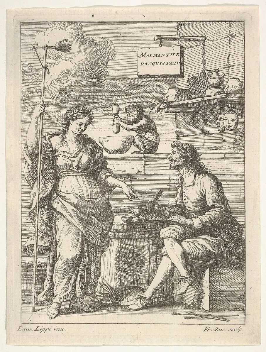 A monkey working a mortar and pestle, below Lorenzo Lippi (?) writing his humorous poem 'Malmantile Racquistato', a muse standing at left — Francesco Zucchi|Lorenzo Lippi