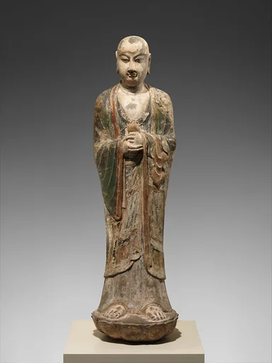 唐 彩繪石雕阿難陀像(石灰岩)|Monk, probably Ananda (Anantuo)
