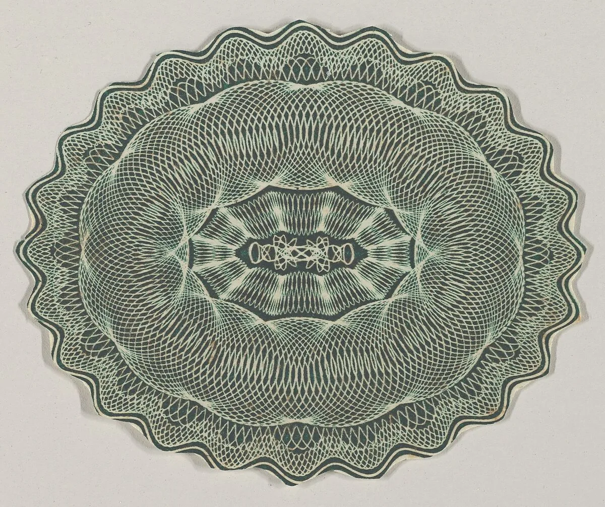 Banknote motif: oval of lathe work ornament with a wavy edge — A. B. & C. Durand & Company|Durand, Perkins, and Company|Cyrus Durand