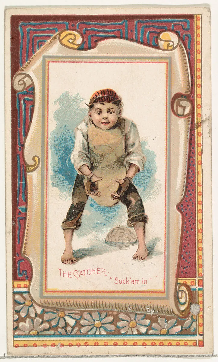 The Catcher, "Sock 'em in," from the Terrors of America set (N136) issued by Duke Sons & Co. to promote Honest Long Cut Tobacco — Knapp & Company|W. Duke, Sons & Co.