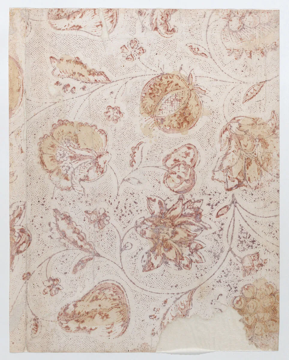 Sheet with overall floral, fruit, and dot pattern — Anonymous