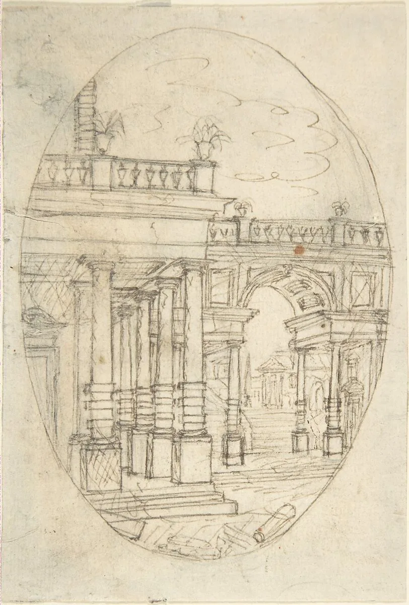 Architectural Drawing (recto); Sketch of a Figure (verso) — Giovanni Larciani ("Master of the Kress Landscapes")