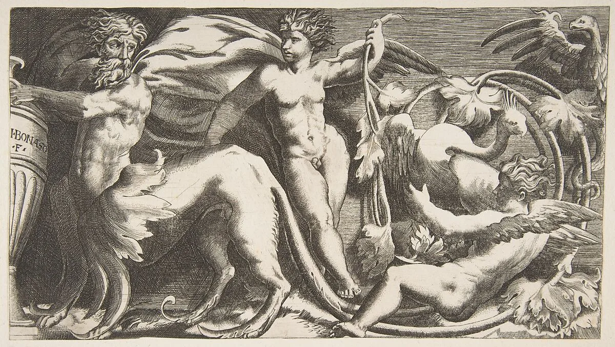 ornamental Frieze with two Putti and a Monster — Giulio Bonasone