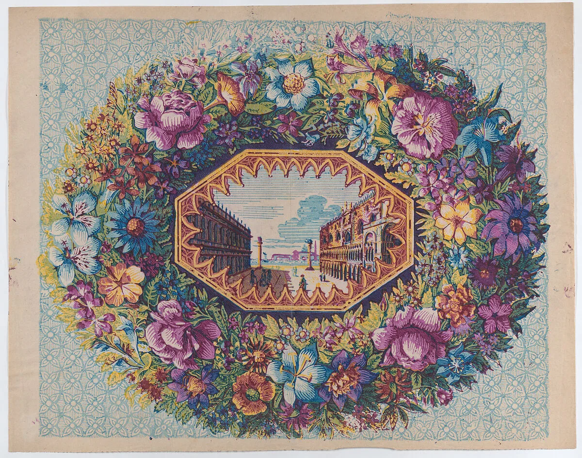 Sheet with a view of San Marco within a floral wreath — Anonymous|Remondini Family