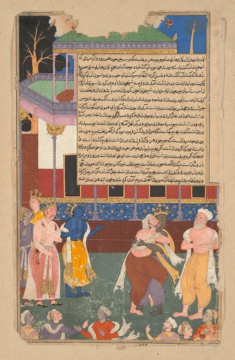 Dhritarashtra Attacks the Statue of Bhima, Folio from a Razmnama (Book of Wars)