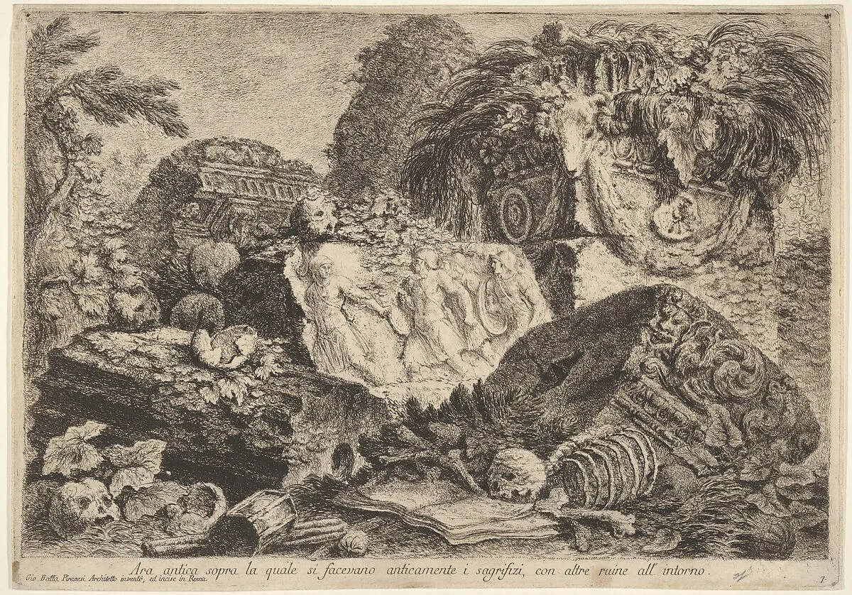Plate 7: 'Ancient altar on which sacrifices were performed in antiquity, surrounded by other ruins' (Ara antica sopra la quale si facevano anticamente i sagrifizi, con altre ruine all' intorno), from the series 'Part one of architecture and perspectives: drawn and etched by Gio. Batt'a Piranesi, Venetian Architect: dedicated to Nicola Giobbe' (Prima parte di Architetture, e prospettive inventate, ed incise da Gio. Batt'a Piranesi Architetto Veneziano dedicate al Sig. Nicola Giobbe) — Giovanni Battista Piranesi