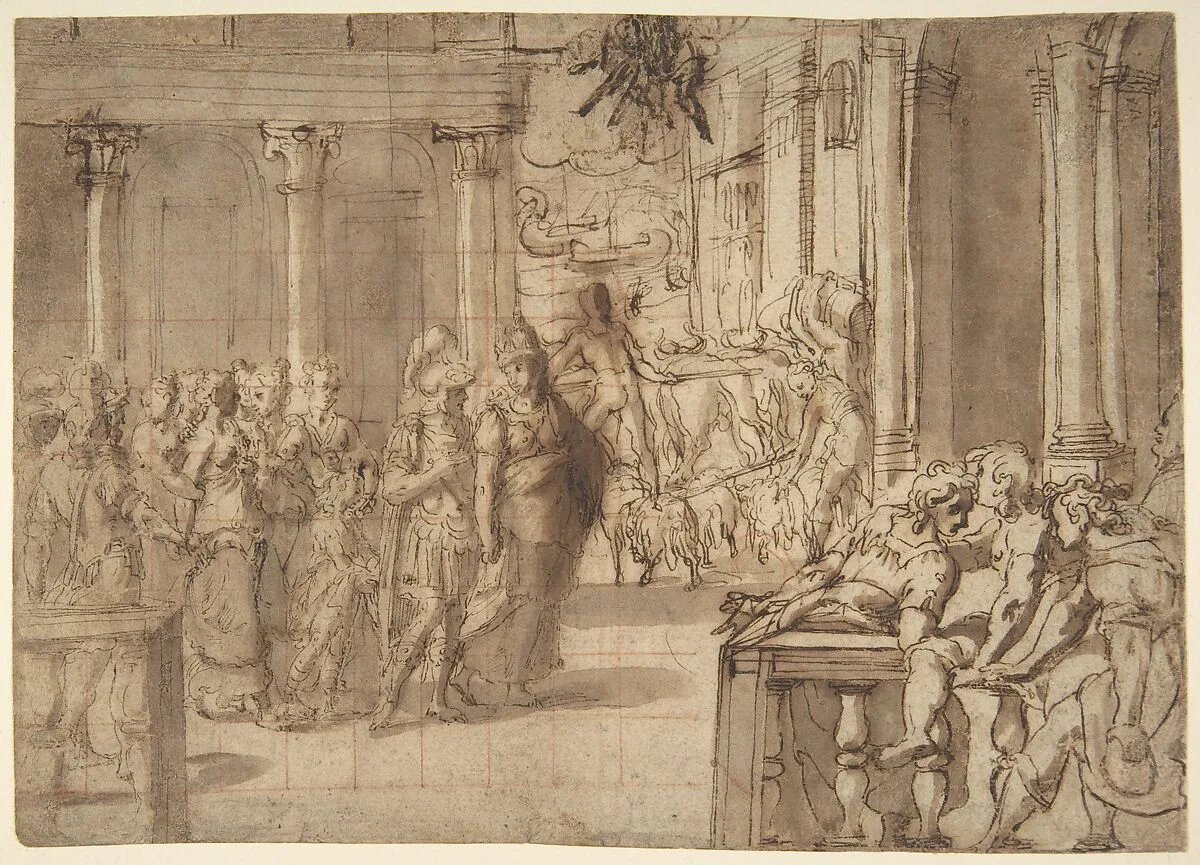 Dido and Aeneas (recto); Three Figures Traced in Reverse from Recto and a Study of a Seated Man (verso) — Anonymous, Italian, 16th century