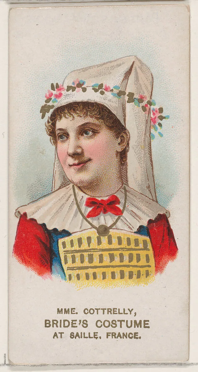 Mme. Cottrelly in Bride's Costume of Saille, France, from the set Actors and Actresses, First Series (N70) for Duke brand cigarettes — W. Duke, Sons & Co.|Knapp & Company