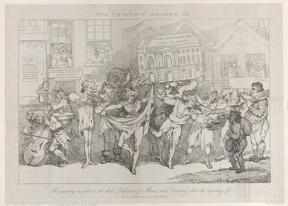 The Prospect Before Us, Humanely Inscrib'd to all those Professors of Music and Dancing Whom the Cap May Fit — Thomas Rowlandson|S. W. Fores