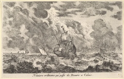 An ordinary ship travelling between Douvre and Calais (Naviere ordinaire qui passe de Douvre a Calais), ship in the sea at center, other boats to left and right, a ship to left in the background, from 'Views of seaports' (Vues de ports de mar)