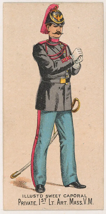Private, 1st Light Artillery, Massachusetts, V.M., from the Military Series (N224) issued by Kinney Tobacco Company to promote Sweet Caporal Cigarettes — Kinney Brothers Tobacco Company