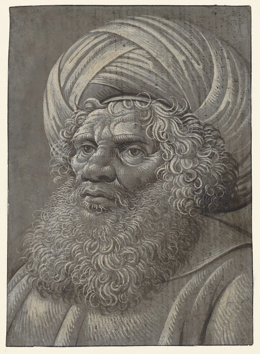 Head of a Bearded Man Wearing a Turban (recto); Latin script (verso) — Master of the Death of Absalom (?)