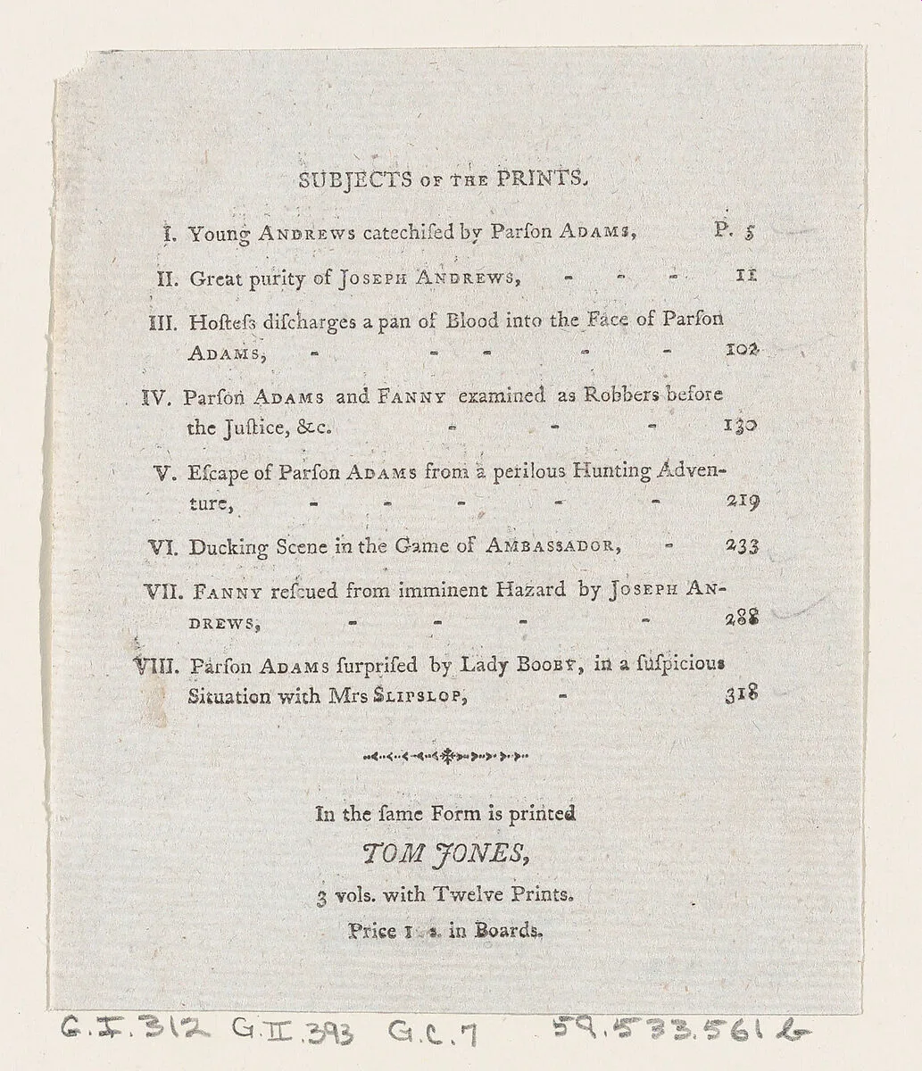 Table of Contents: "The Adventures of Joseph Andrews, and his friend Mr. Abraham Adams" — Henry Fielding|Thomas Rowlandson|James Sibbald