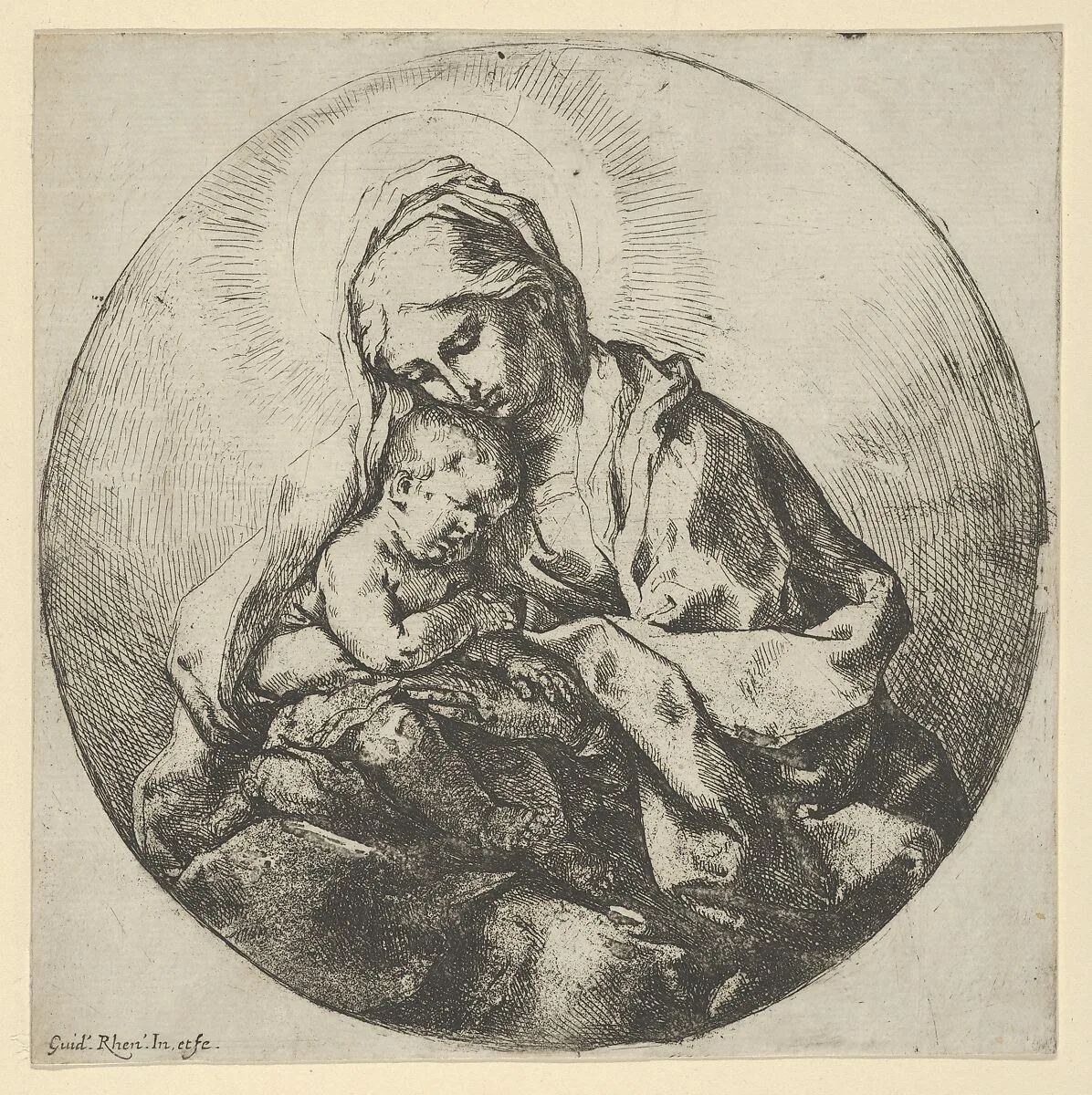 The Virgin holding the infant Christ with the fingers of her right hand hidden, a circular composition — Guido Reni