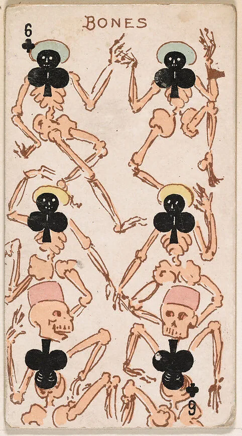 Six of Clubs, Bones, from Harlequin Cards, 2nd Series (N220) issued by Kinney Bros. — Kinney Brothers Tobacco Company