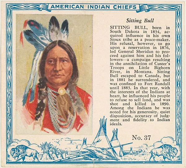 Card No. 37, Sitting Bull, from the Indian Chiefs series (T129) issued by Red Man Chewing Tobacco — Red Man Chewing Tobacco