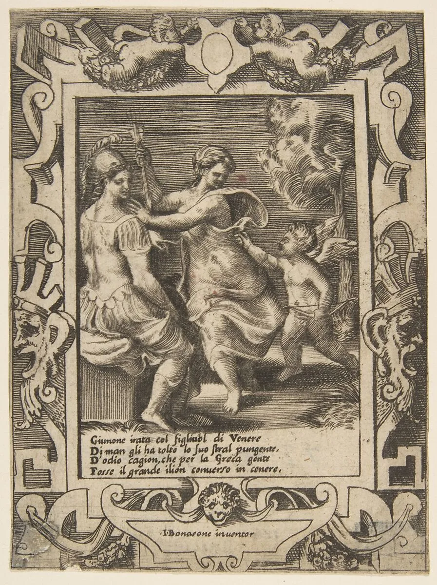 Athena seated near Juno who has taken away Cupid's arrows, set within an elaborate frame, from "Loves, Rages and Jealousies of Juno" — Giulio Bonasone