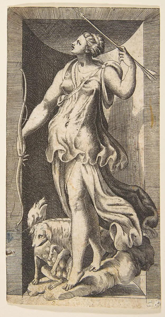Diana the huntress acompanied by her dogs standing in a niche — Giulio Bonasone
