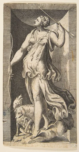 Diana the huntress acompanied by her dogs standing in a niche