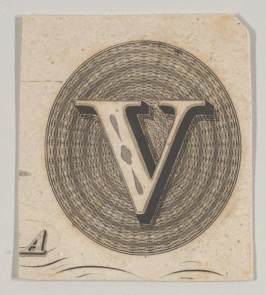 Banknote motif: capital V within an oval containing basket-like lathe work — A. B. & C. Durand & Company|Durand, Perkins, and Company|Cyrus Durand