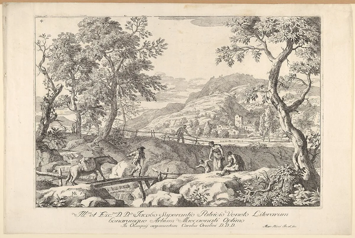 Plate 4: landscape with man leading a pack horse across a wooden bridge, three figures in right foreground, the silhouette of a man standing at a fence beyond, from 'Landscapes' — Marco Ricci|Carlo Orsolini