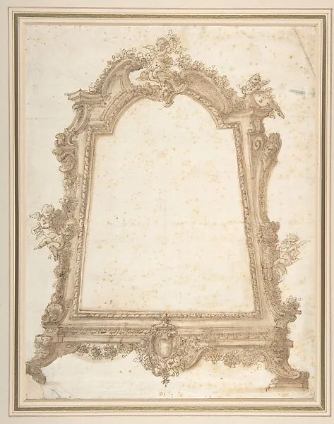 Design for a Sculptured Mirror Frame Decorated with Putti, Volutes and Garlands and a Coat of Arms at Bottom — Guiseppe Gagliardi