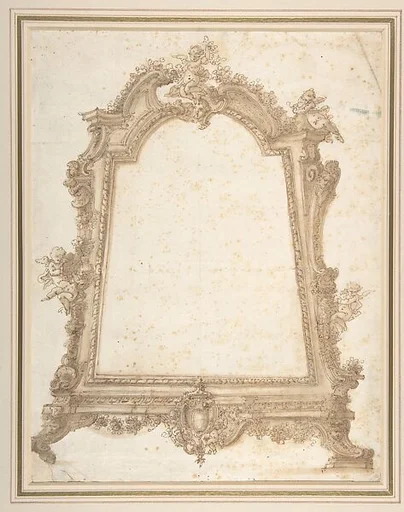 Design for a Sculptured Mirror Frame Decorated with Putti, Volutes and Garlands and a Coat of Arms at Bottom